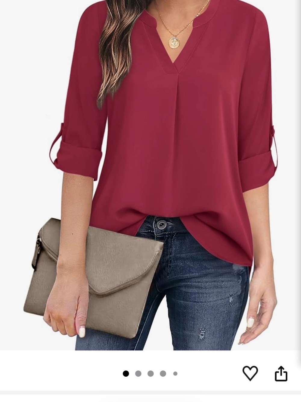 NWT Amazon Timeson Women’s Blouse Roll-Up Sleeves Size Medium Berry Red